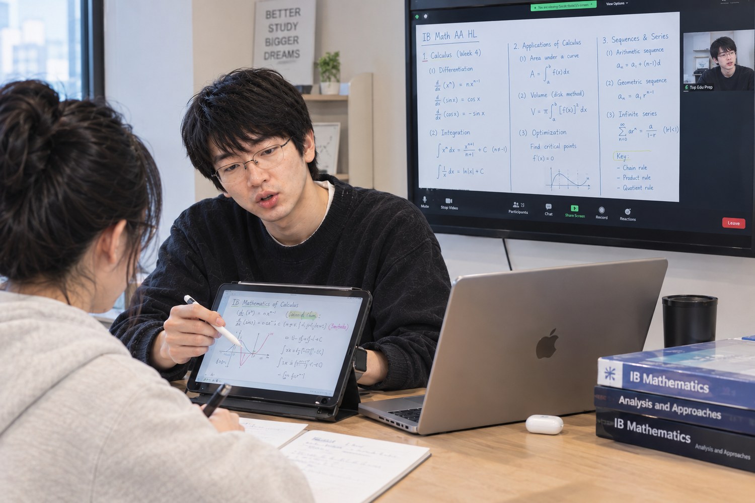 TopEduPrep IB Math AA HL 수업 — 선생님이 태블릿으로 미분·적분 풀이를 설명하고 화면에는 줌 판서가 공유되는 장면